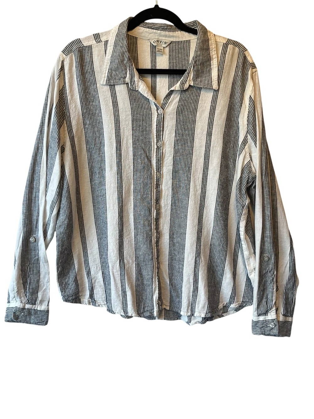 Orvis button up shirt XXL White striped Linen Rayon Long sleeves Womens top